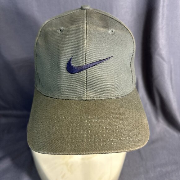 Vintage Nike Snapback Hat Olive Green Black Swoosh 90s Taiwan Adjustable Cap HTF - Picture 1 of 16